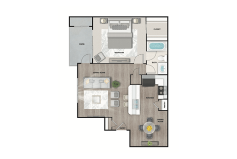 Floor plan for 1 bed, 1 bath, 750 sqft